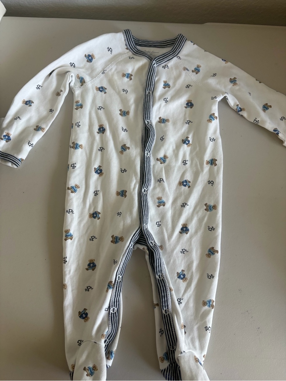 Ralph Lauren White Footed One-Piece with Blue Bear Print